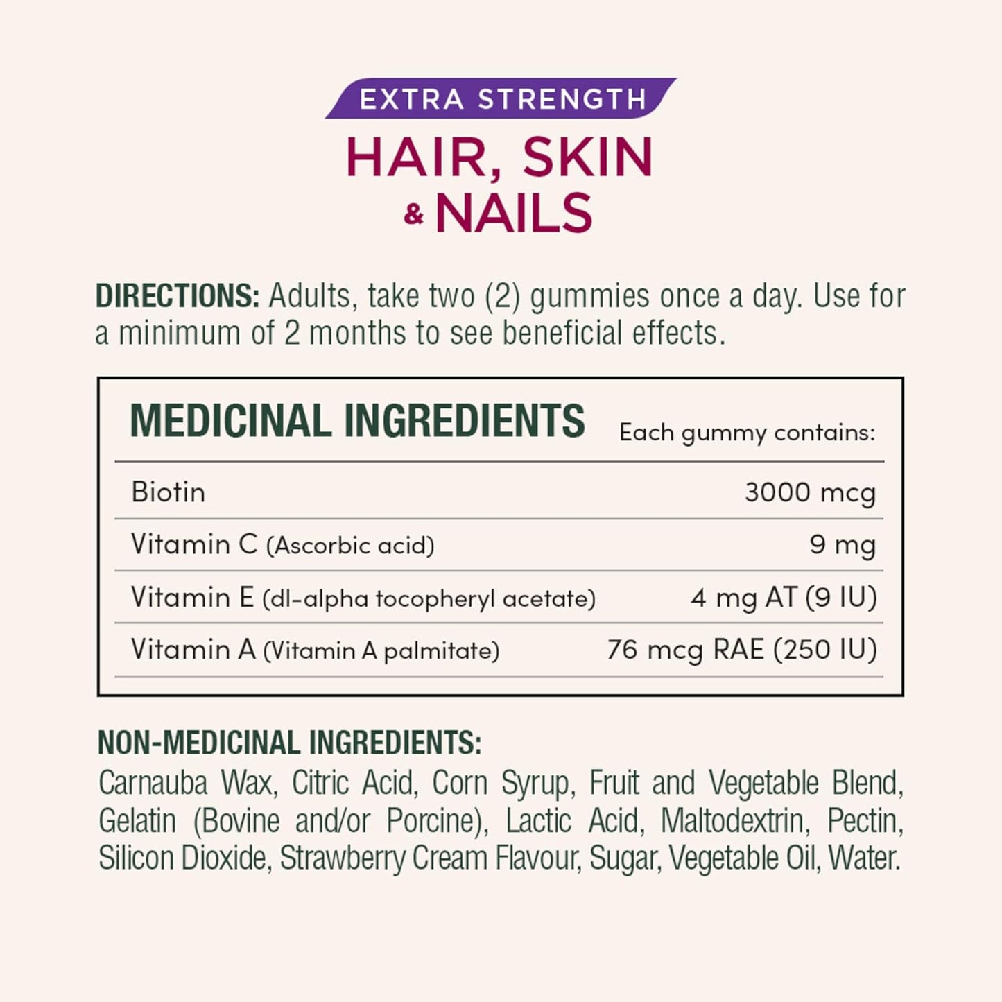 Extra Strength Hair, Skin & Nails, Gummies, Helps to Maintain Health of Hair & Skin, Promotes Thicker, Healthier Nails & Stronger Thicker Hair, Strawberry Cream Flavour, 200 G