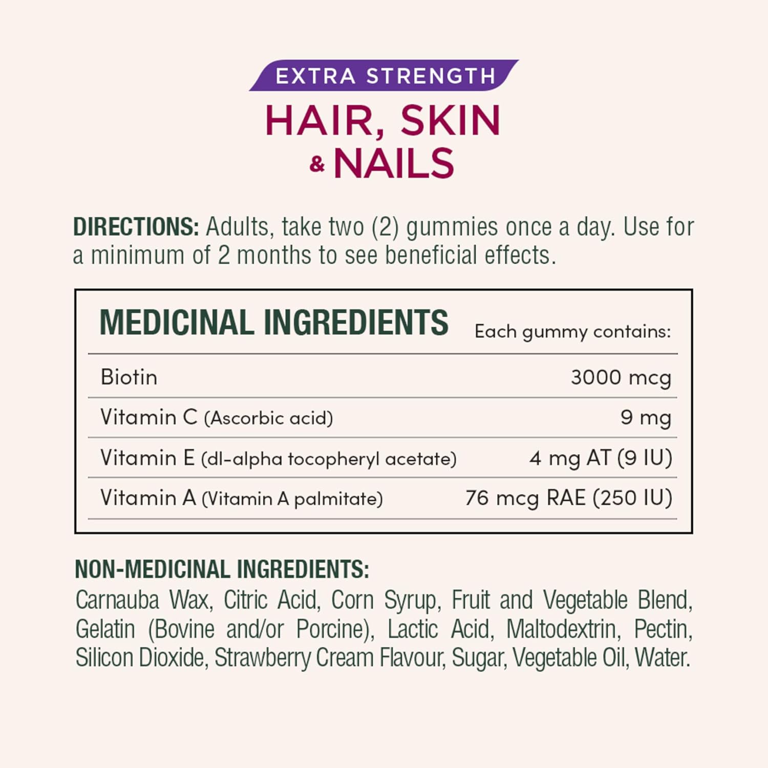Extra Strength Hair, Skin & Nails, Gummies, Helps to Maintain Health of Hair & Skin, Promotes Thicker, Healthier Nails & Stronger Thicker Hair, Strawberry Cream Flavour, 200 G